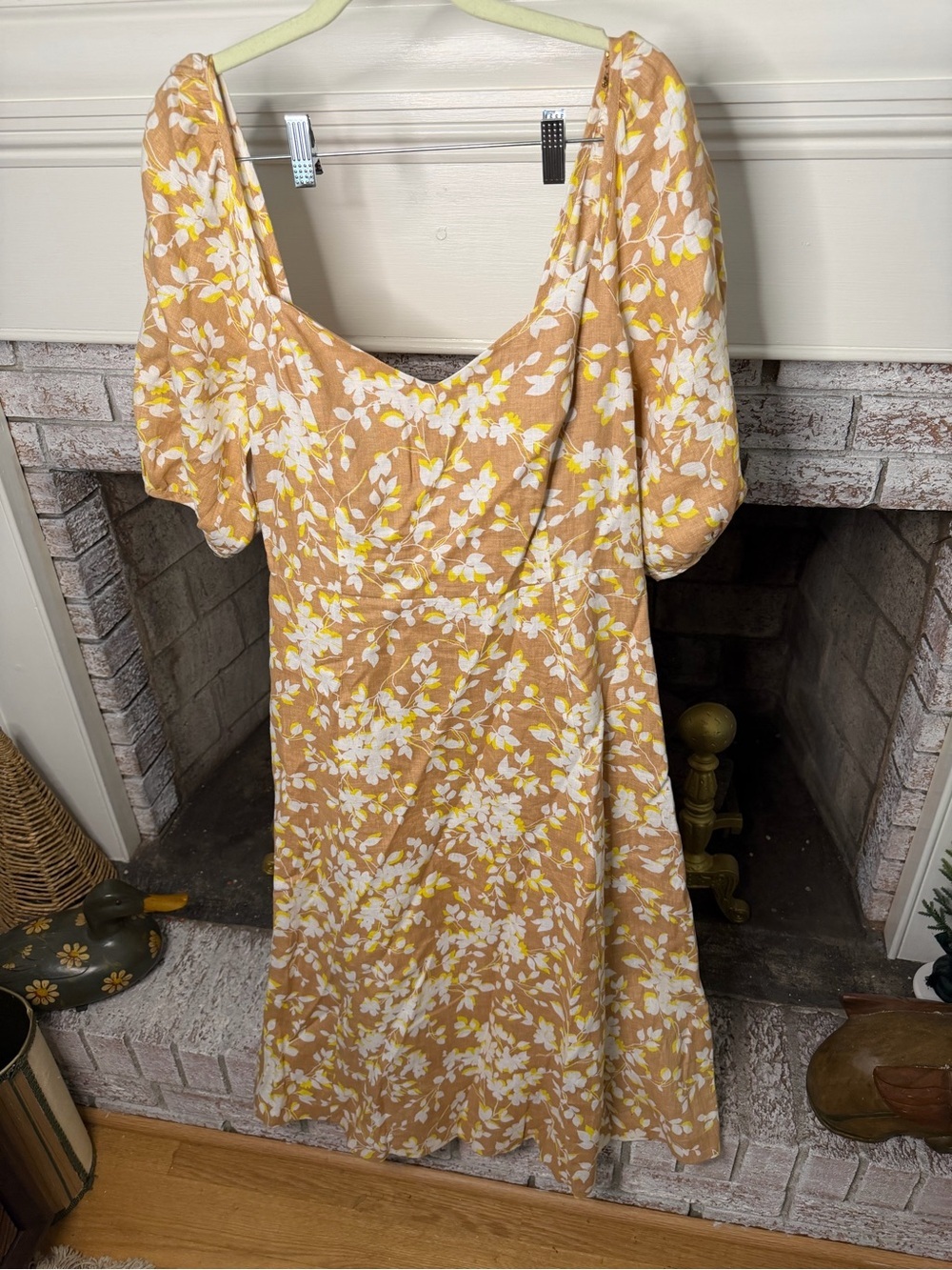 Draper James Floral Linen Blend Puff Sleeve Midi Dress Tan Yellow Size 14